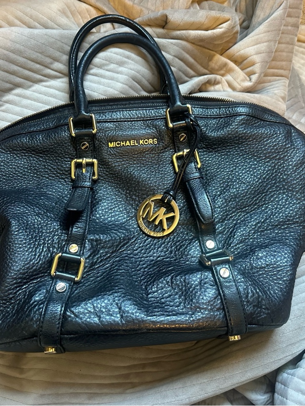 Michael Kors Black Leather Satchel with Gold Accents